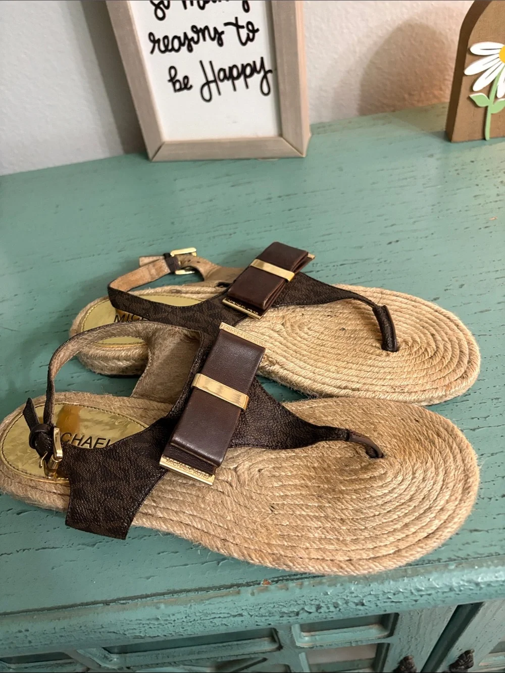 Michael Kors Brown and Gold Jute Thong Sandals